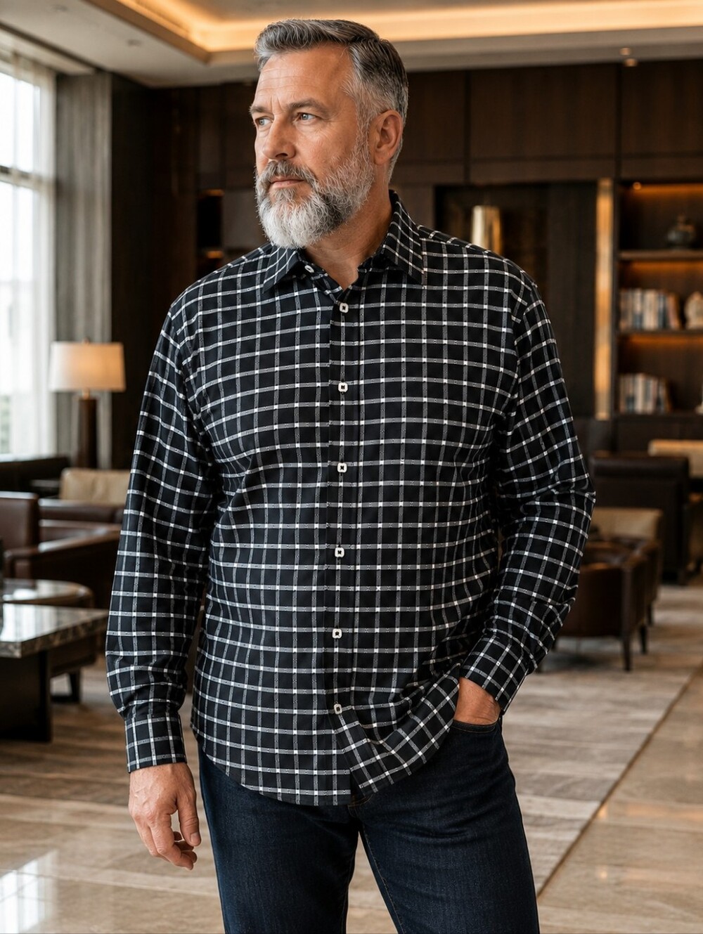 Bugatchi Classic Fit Windowpane Check Shirt XL Black White Cotton